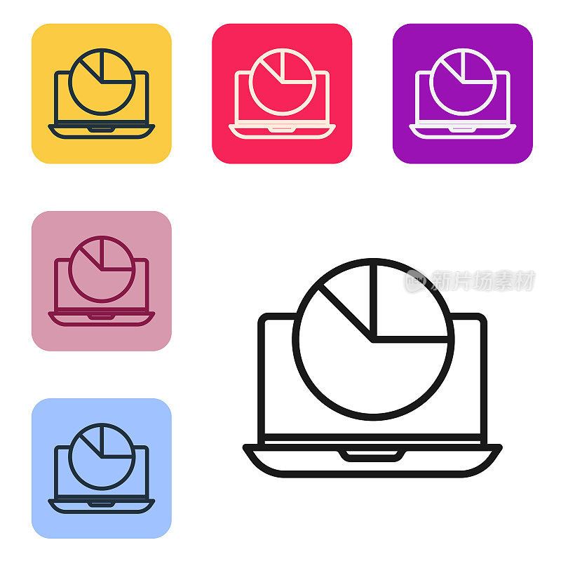 Black line Laptop with graph chart icon isolated on white background. Report text file icon. Accounting sign. Audit, analysis, planning. Set icons in color square buttons. Vector Illustration